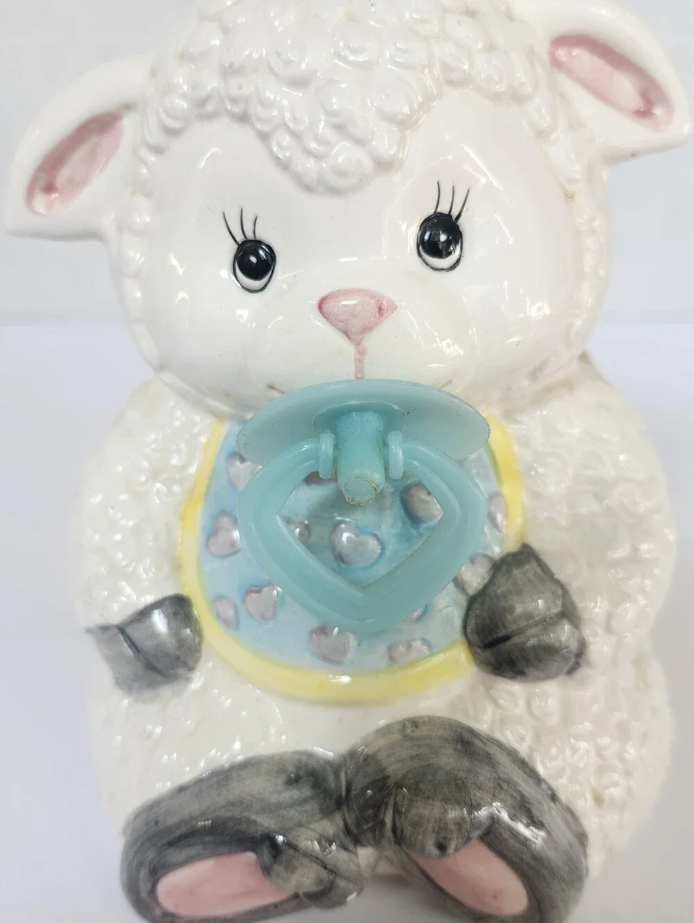 Vintage White Ceramic Lamb Planter with Blue Bib and Pacifier Baby Shower